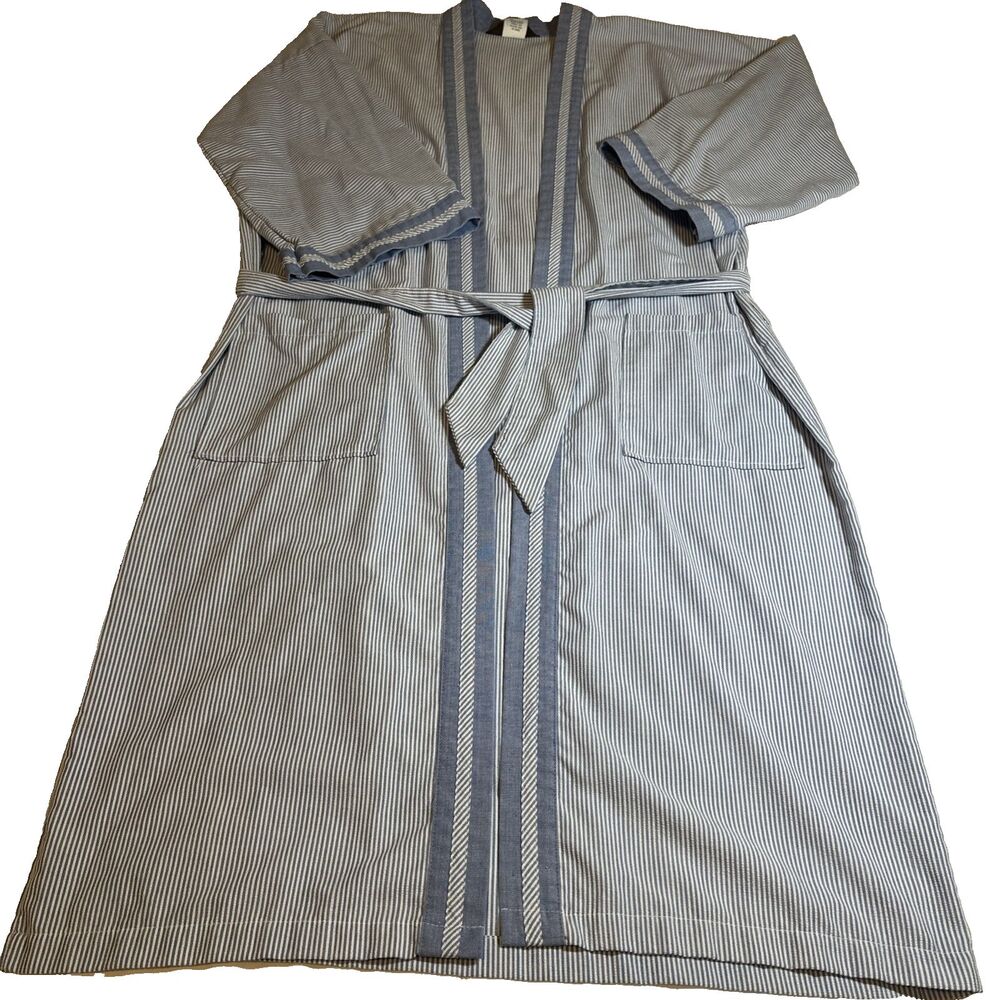 Sears Vtg Seersucker Blue Stripe Robe Lightweight Cotton/Poly Blend One Size